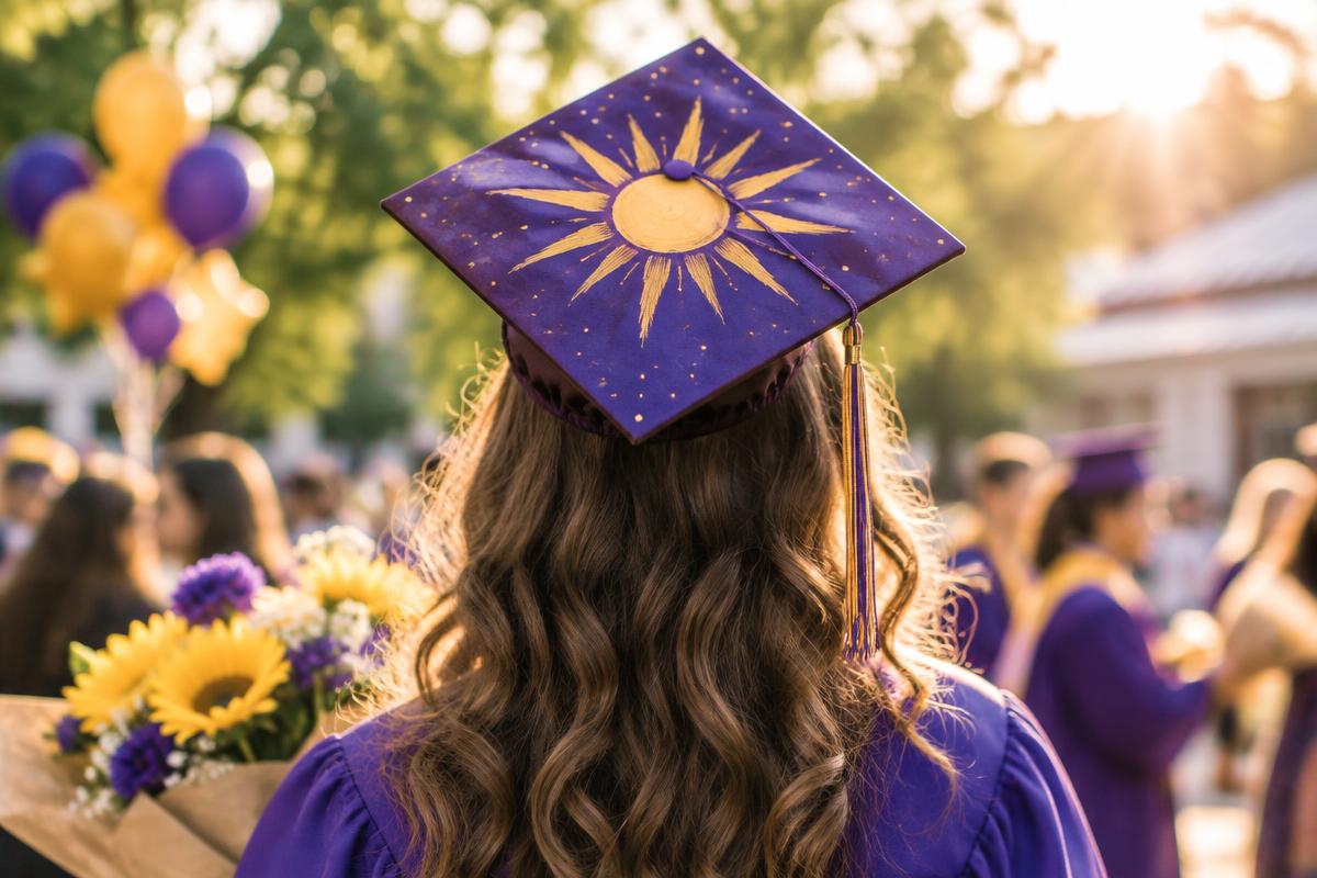 A student celebrating graduation beneath a sunshine-painted cap